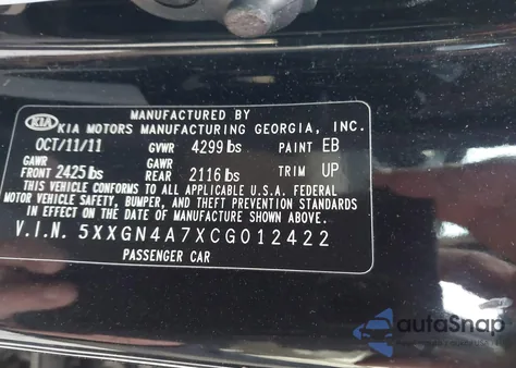 2012 Kia Optima Ex z USA, uszkodzony, nr VIN 5XXGN4A7XCG012422